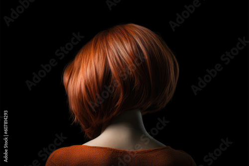 Short Auburn Straight Hair , Rear View On Black Background. Generative AI
