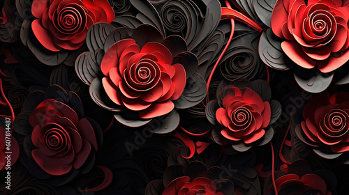 Flowers black and red colour. Set in a pattern of cut paper