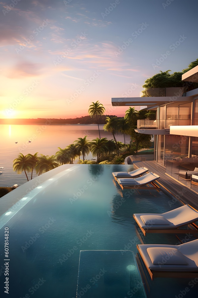 Luxurious waterfront villa, featuring infinity pools, panoramic ocean views, and lavish outdoor living spaces that offer the perfect retreat for relaxation and leisure, Generated AI