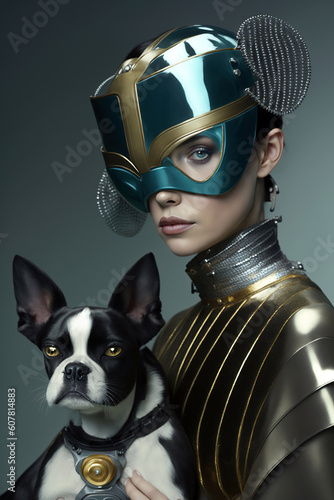 Illustration of a Futuristic Avatar Portrait  with her dog  ,Whimsical Fashion, Colorful, Wall art, Wall Decor, Modern Decor, Dog and Woman, Ai generated photo