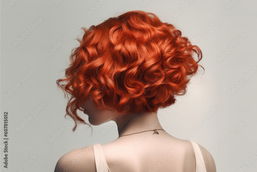 Short Red Curly Hair , Rear View On White Background. Generative AI