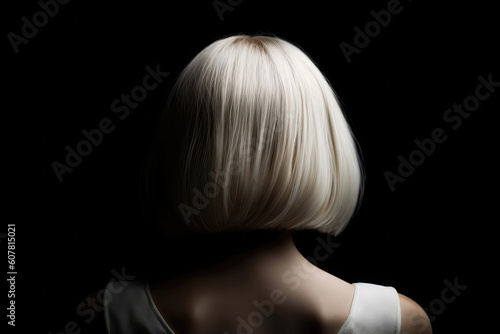 Short White Straight Hair , Rear View On Black Background. Generative AI