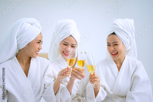 Pretty women spend time at resort and spa hotel.