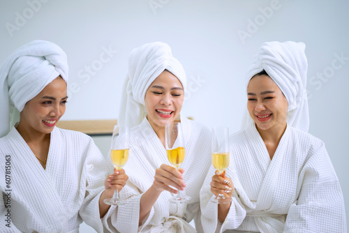 Pretty women spend time at resort and spa hotel.