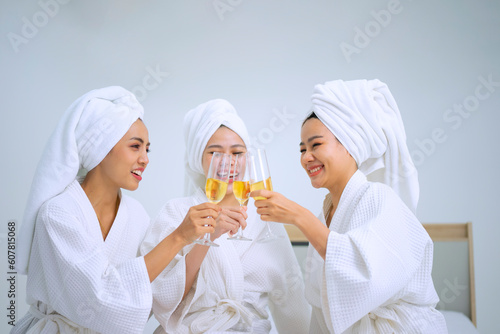 Pretty women spend time at resort and spa hotel.