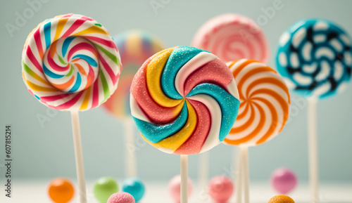 Smooth and playful candy background, closeup of colorful retro style lollipops. Good for poster, wallpaper, promotion. Generative AI. 