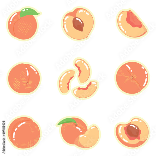 Set of many ripe peaches on white background