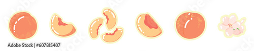 Set of sweet ripe peaches on white background