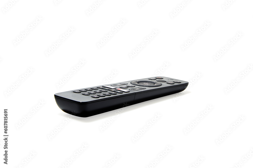 Perspective view of television and audio remote control on white Perspective view of television and audio remote control on white