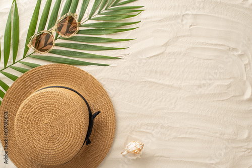 Fototapeta Naklejka Na Ścianę i Meble -  From above, the essence of summer lounging. Top view of stylish sunglasses, sunhat, seashell, and palm leaves on the sandy shore. An empty space provides room for custom text or promotional purposes