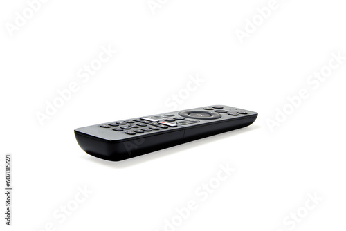 Perspective view of television and audio remote control on white