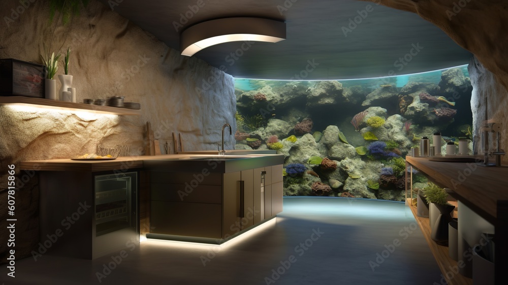 cave house interior with aquarium