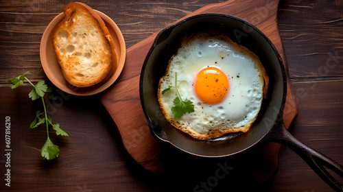 Fried eggs in iron pan on wooden table. Rustic breakfast toast greens yellow yolk top view close up photo