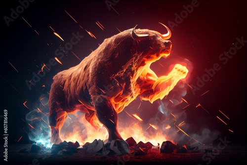 Angry bull with big horns fighting in a burning forest at night, Generative AI © LAYHONG