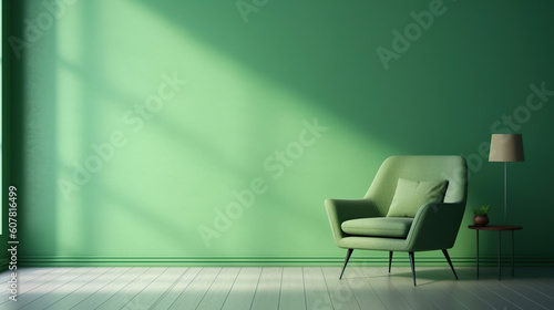 Interior of a luxury modern dark living room with a mock up of a black empty wall and a green armchair. Generative AI