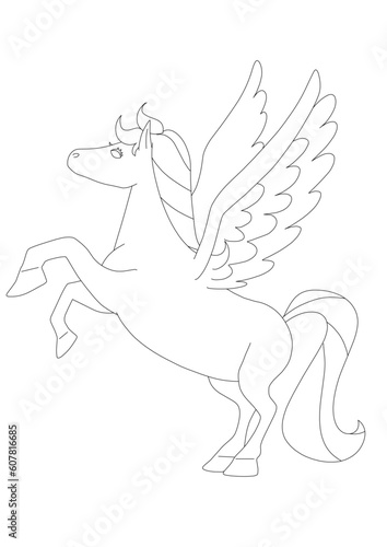 リアルでかっこいいペガサスの白黒線画イラスト