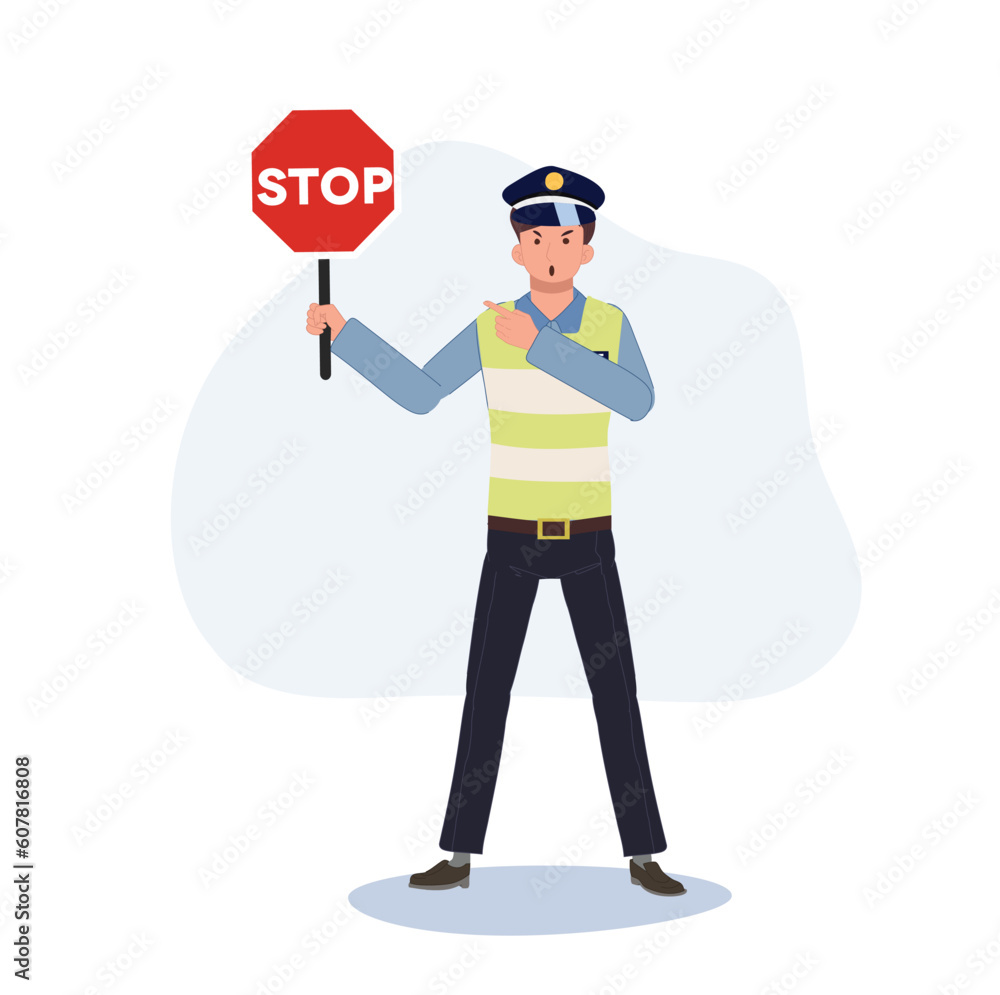 A traffic police holding stop sign and emphasis pointing at it. Flat vector cartoon illustration A traffic police holding stop sign and emphasis pointing at it. Flat vector cartoon illustration