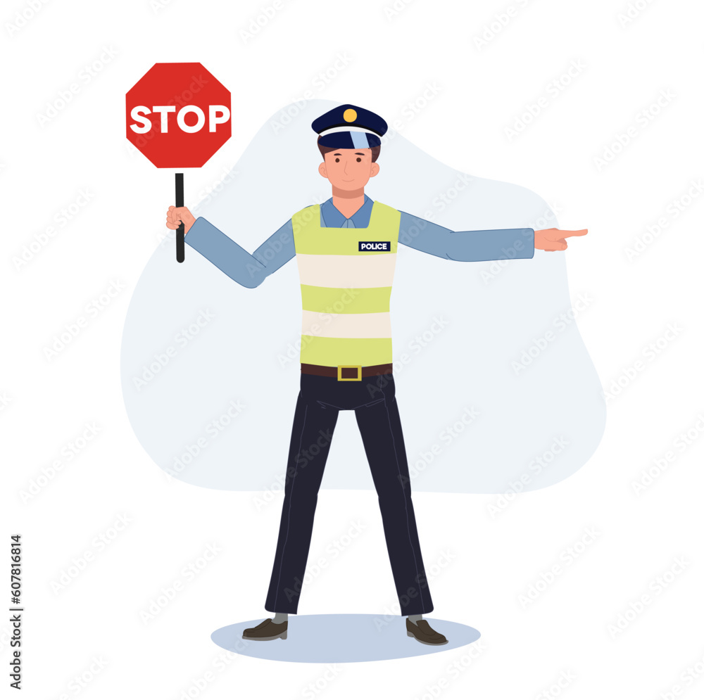 A traffic police holding stop sign and giving hand sign the other way. Turn another way, block road. Flat vector cartoon illustration A traffic police holding stop sign and giving hand sign the other way. Turn another way, block road. Flat vector cartoon illustration