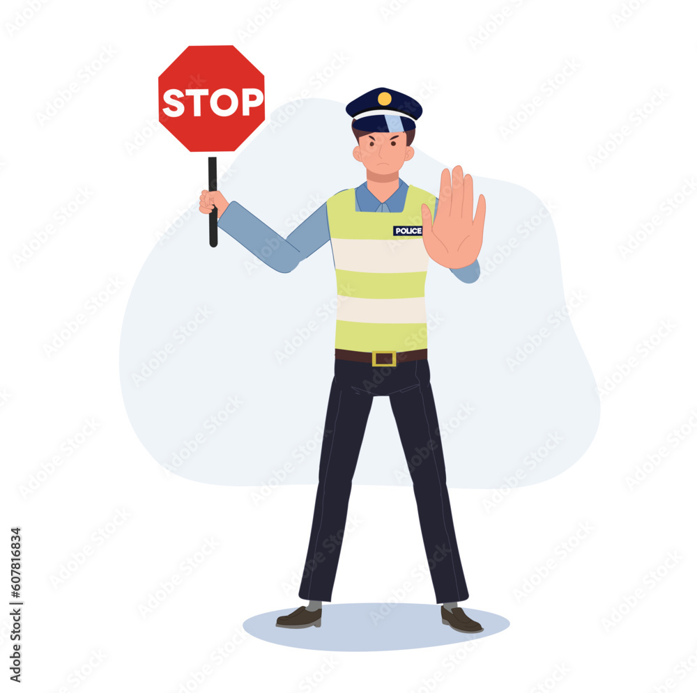 A traffic police holding stop sign and gesturing hand stop. Flat vector cartoon illustration A traffic police holding stop sign and gesturing hand stop. Flat vector cartoon illustration