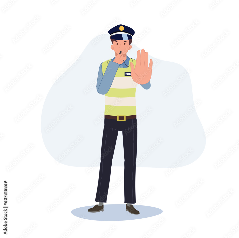 A traffic police blowing whistle and gesturing hand as stop . Flat vector cartoon illustration