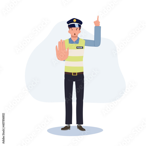 A traffic police gesturing to stop and giving suggestion. pointing index finger. Flat vector cartoon illustration