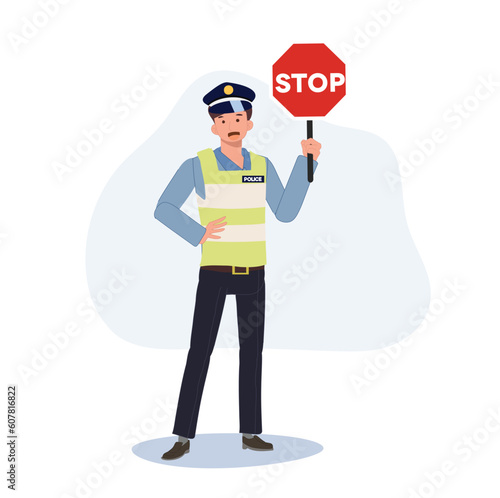 A traffic police holding stop sign. Flat vector cartoon illustration