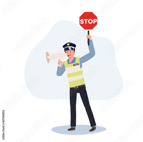 A traffic police holding stop sign and speaking to megaphone. Flat vector cartoon illustration