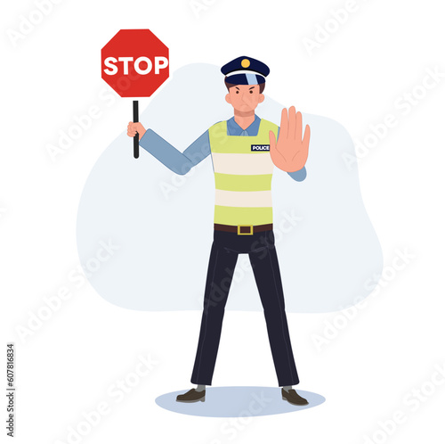 A traffic police holding stop sign and gesturing hand  stop. Flat vector cartoon illustration