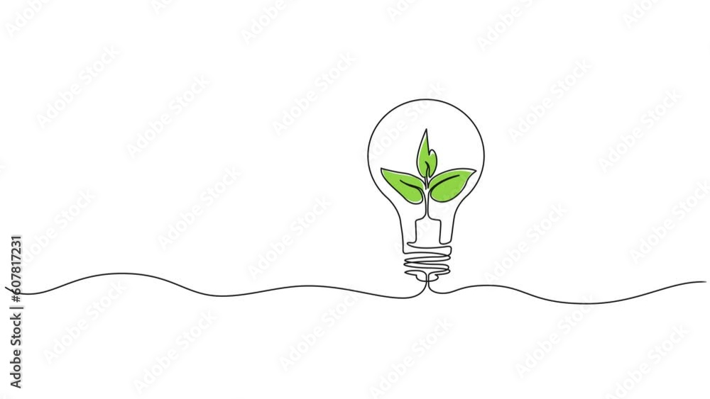 animated continuous single line drawing of green plant in light bulb, green energy concept line art animation