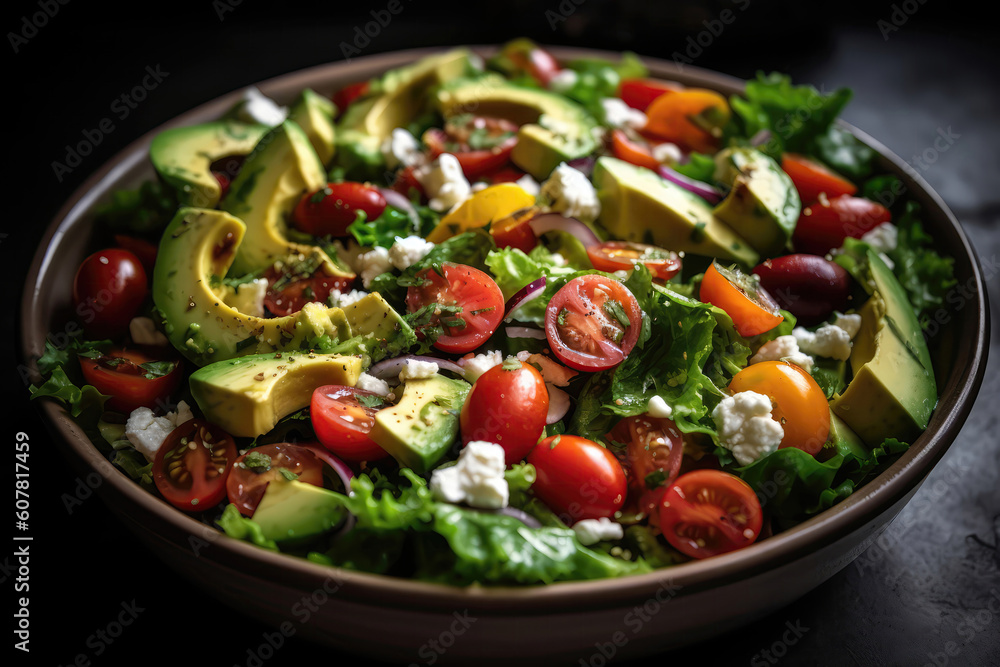 Avocado Salad With Mixed Greens, Cherry Tomatoes, And Feta. Generative AI Avocado Salad With Mixed Greens, Cherry Tomatoes, And Feta. Generative AI