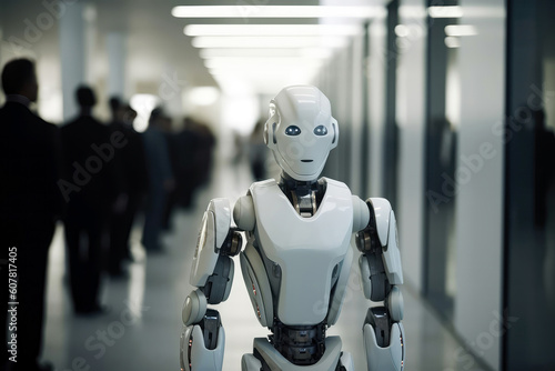 Robot Walks Down Office Corridor, With Unfocused People In Business Suits Sitting In The Background. The Concept Of Replacing Humans With Robots. Generative AI