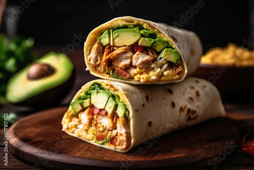 Avocado And Chicken Wrap Tightly Rolled In Tortilla. Generative AI photo