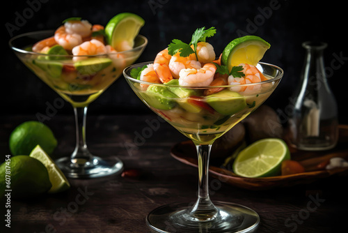 Avocado And Shrimp Ceviche Served In Martini Glass. Generative AI
