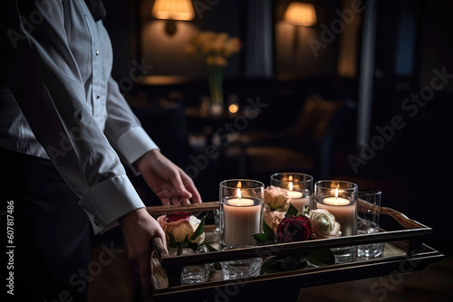 Wallpaper Mural Butler Offering Tray With Fresh Flowers And Scented Candles. Generative AI Torontodigital.ca