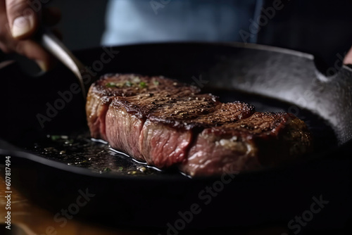 Cook Searing Tender Steak On Castiron Skillet Closeup. Generative AI