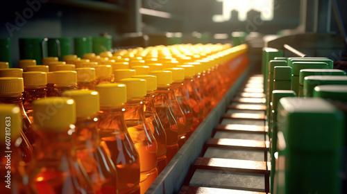 Conveyor belt, juice in bottles, beverage factory interior in blue color, industrial production line. Generative Ai
