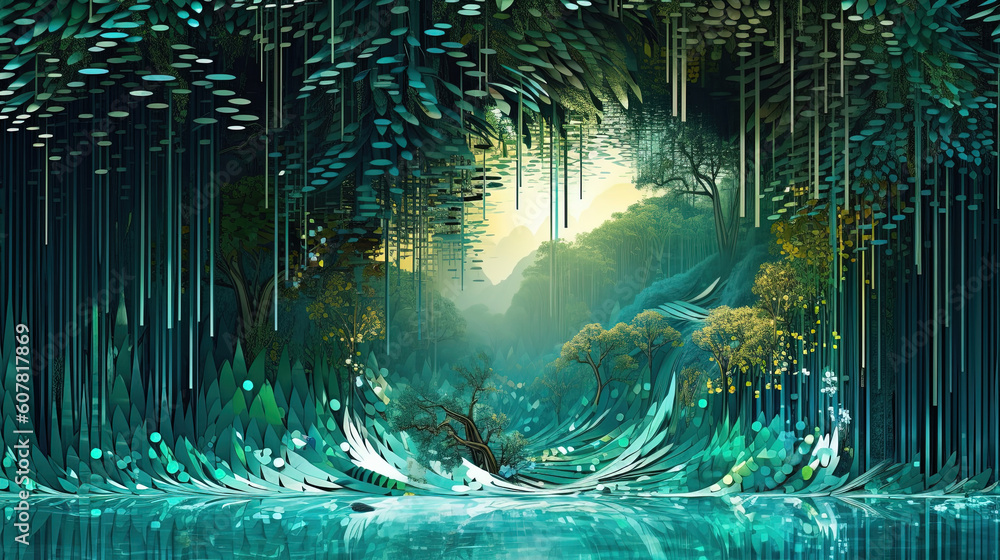 Paper art landscape forest waterfall flowing into a lake Paper art landscape forest waterfall flowing into a lake