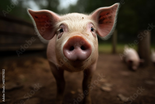 Generative AI. a cute fat pig points its nose at the camera © imur
