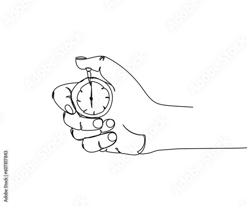 Stopwatch in hand, timer, clock one line art. Continuous line drawing of measurement, clock, counting, measure, watch, equipment, time, accuracy, alarm, interval, speed, counter