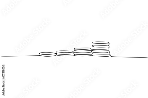 Stacks of coins of different heights, cents, pennies one line art. Continuous line drawing of bank, money, finance, financial, payment, data, savings, economic, wealth, credit