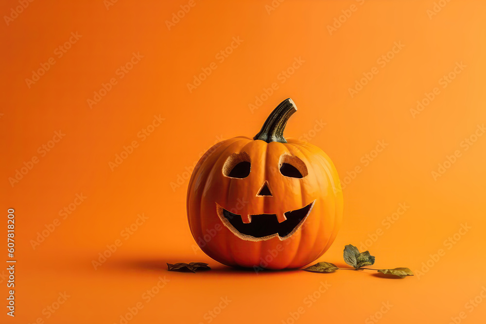 Pumpkin With Funny Face On Orange Background On The Side Place To Copy Halloween. Generative AI Pumpkin With Funny Face On Orange Background On The Side Place To Copy Halloween. Generative AI