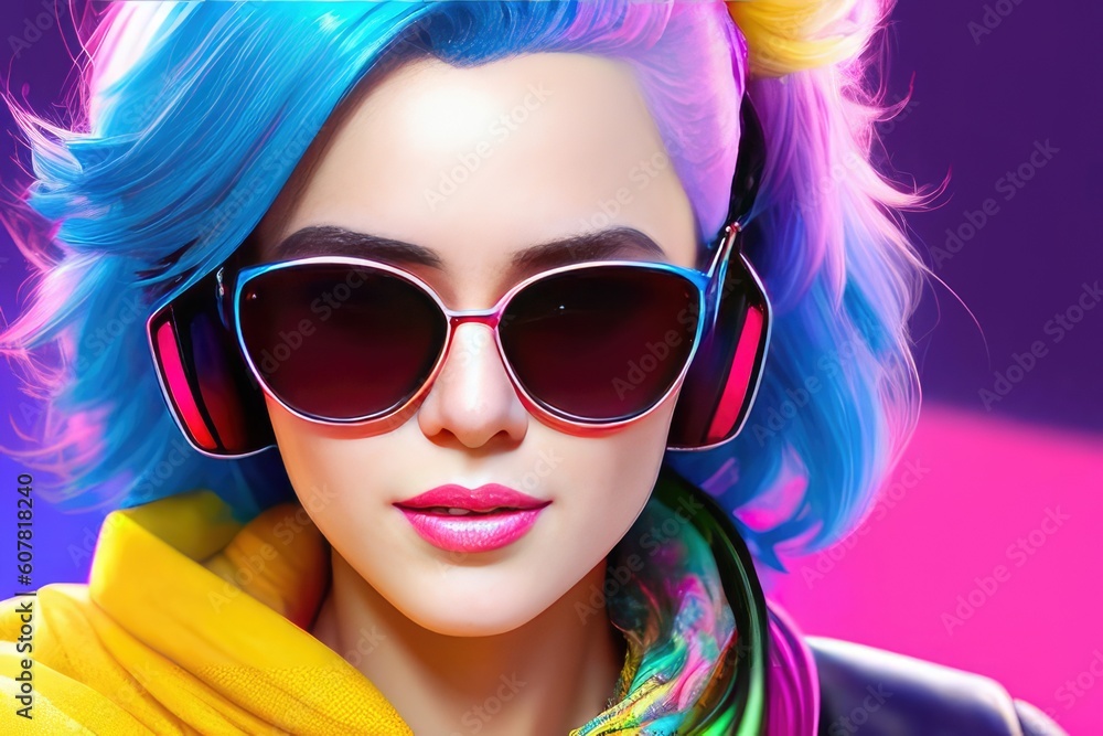 Glamorous hipster teenager in sunglasses and headphones. Portrait of millennial pretty girl with clothing and hairstyle in neon colors. Сoncept of nightclub. Generative AI