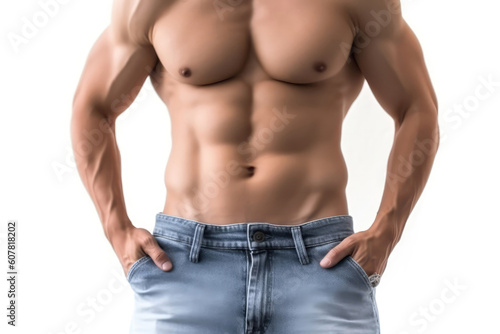 Man With Perfect Body In Jeans On White Background. Generative AI