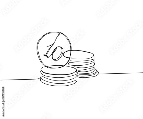 Stacks of coins of different heights, 10 cents, kopecks, pennies one line art. Continuous line drawing of bank, money, finance, financial, payment, data, savings, economic, wealth, credit