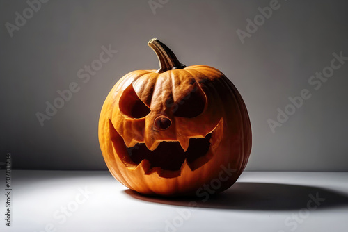 Pumpkin With Scary Face On White Background On The Side Place To Copy Halloween. Generative AI photo