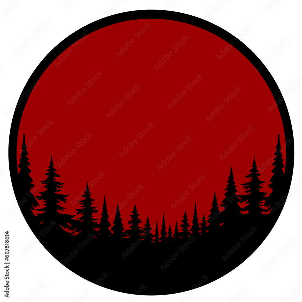 Dark Forest and Big Red Moon. Vector Illustration.