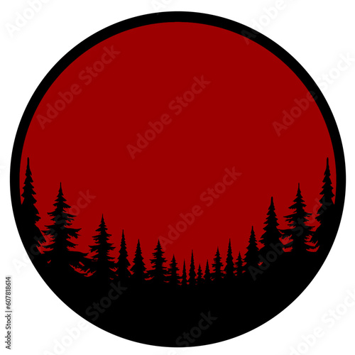 Dark Forest and Big Red Moon. Vector Illustration.