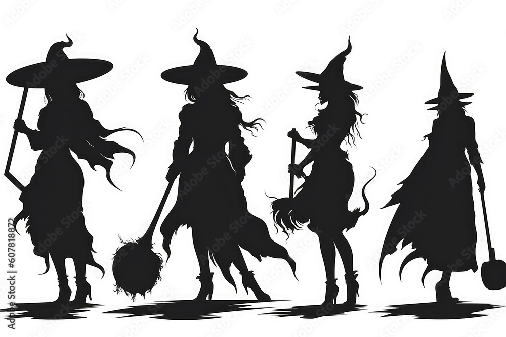 Fototapeta premium Silhouettes Of Witch On Broom On White Background, Halloween. Generative AI