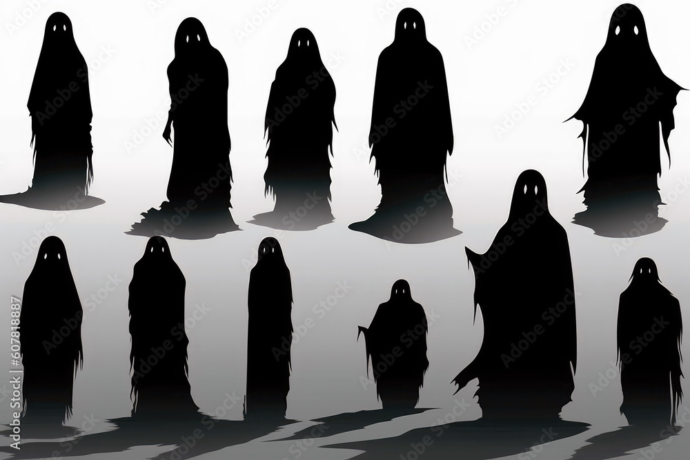 Set Of Black Silhouettes Of Ghosts On White Background, Halloween. Generative AI Set Of Black Silhouettes Of Ghosts On White Background, Halloween. Generative AI