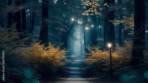 Conceptual image of a forest road on a foggy night. Generative ai